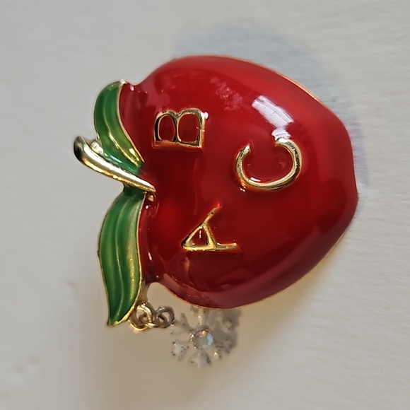 Enamel & Rhinestone ABC Apple Pin - Picture 1 of 5